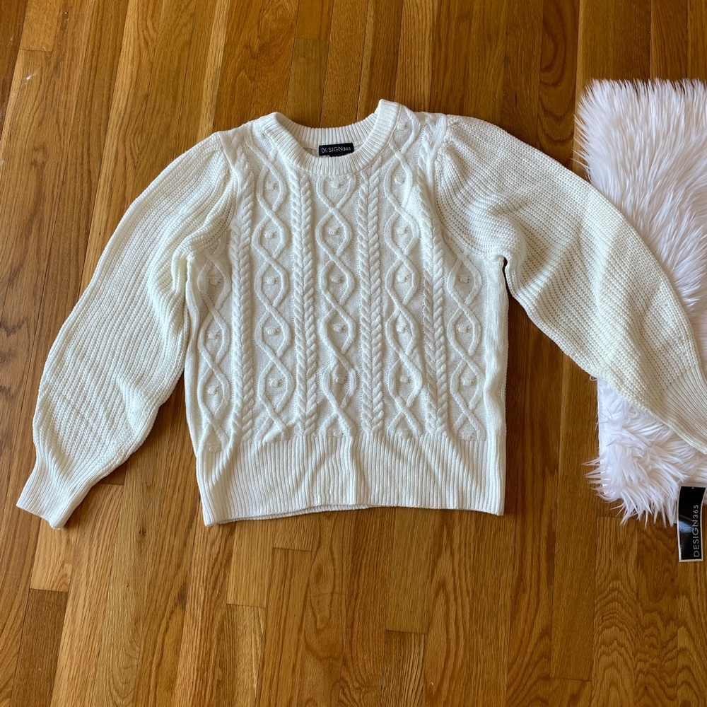 Design365 Cable Knit Puff Sleeve Cream Pullover Sweater.